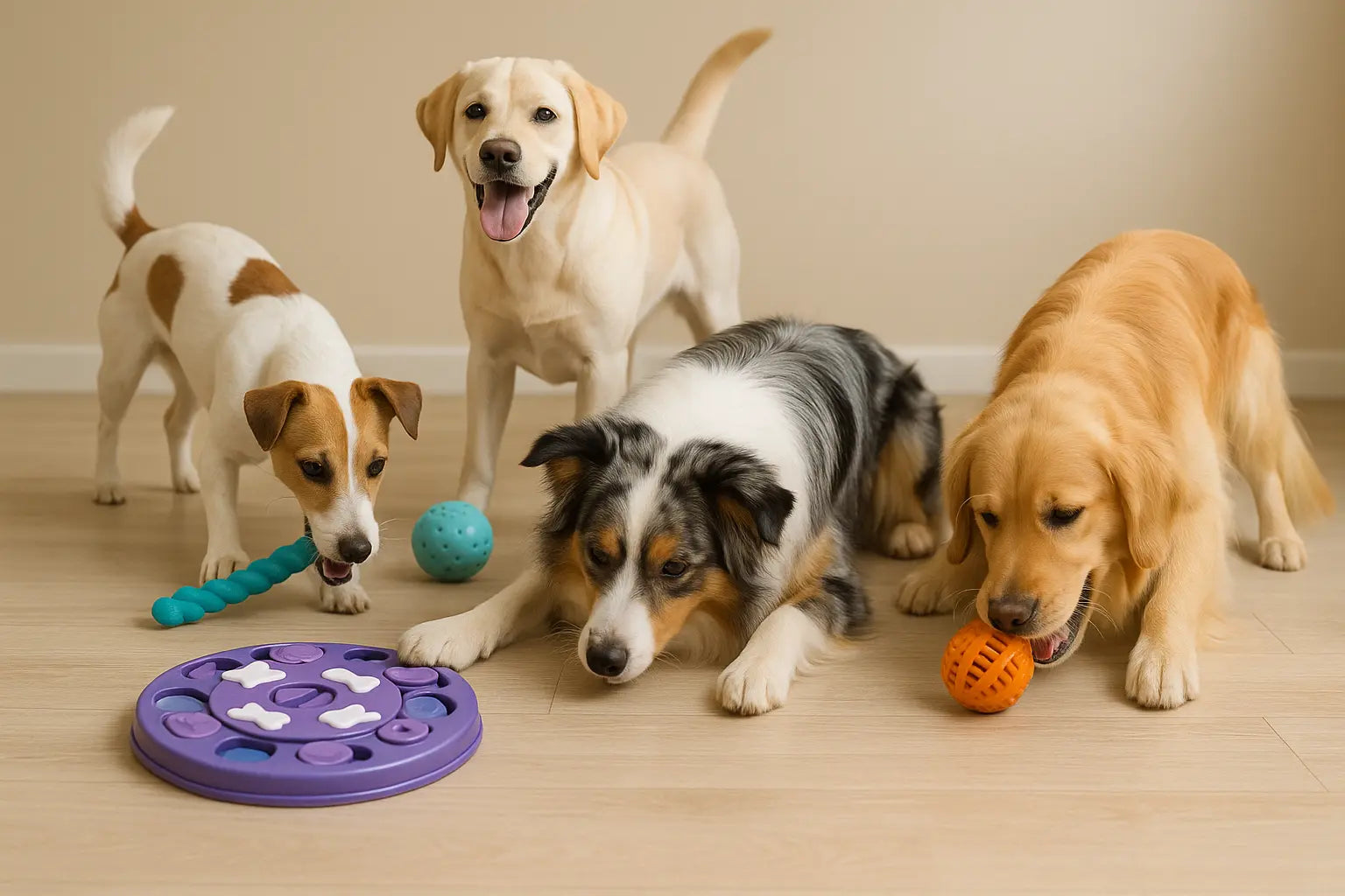 Dogs Playing with Enrichment Toys