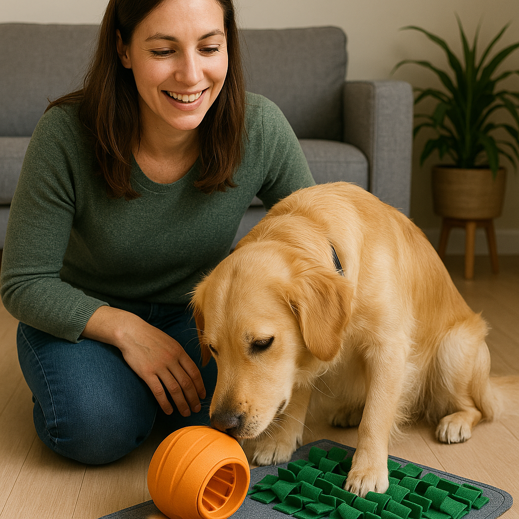Playing with dog and enrichment toys