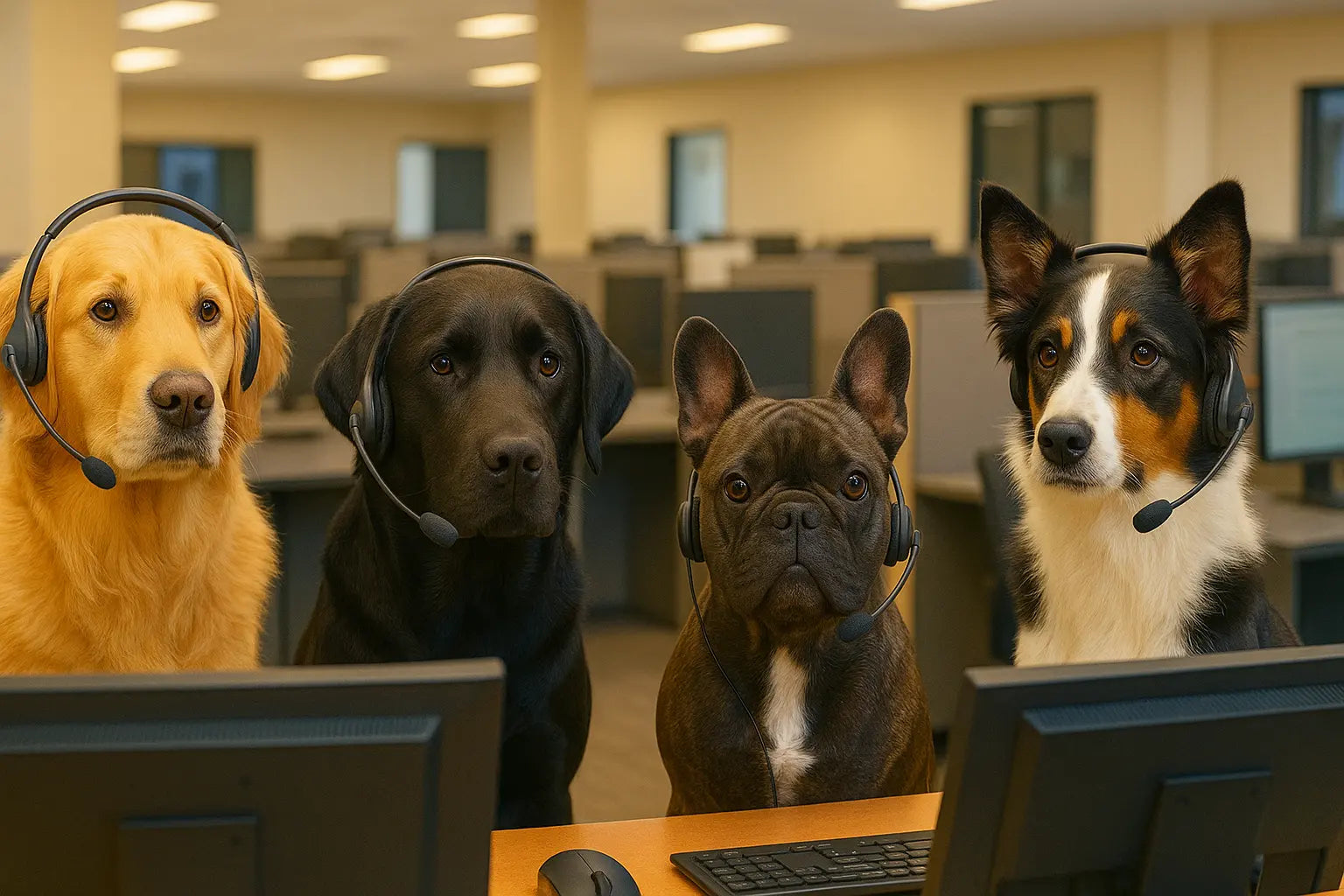 A group of dogs in a call centre wearing headsets